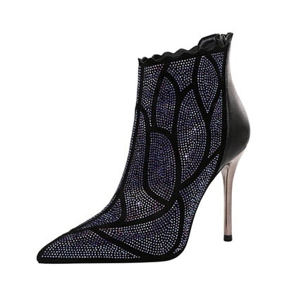 Fashion sexy banquet metal with stiletto super high heel pointed thin nightclub rhinestone ankle boots - LiveTrendsX