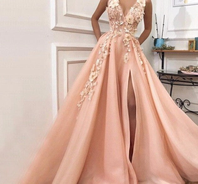 Peach Deep-V Beach Sexy Evening Dresses Diamonds Handmade Flowers Tulle Formal Dress 2020 - LiveTrendsX