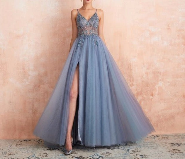 New Arrival V-Neck Rhinestones Beading Formal Prom Gowns with Slit robe de soiree - LiveTrendsX