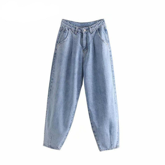 Women Blue Harem Jeans Loose mom Jeans High Waist Streetwear Boyfriends Washed Denim Long Trousers Bottoms Slouchy Jeans - LiveTrendsX