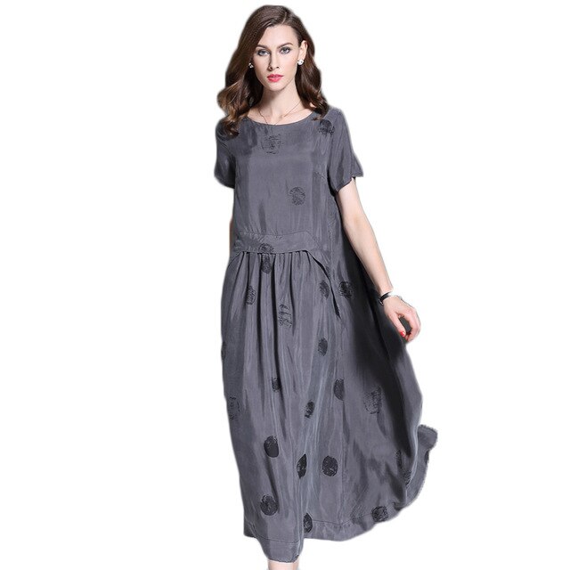 Vintage Summer Short Sleeve Large Sewing Copper Silk Dress Women Grey Black Polka Dot Long Dress Elegant roupas feminina - LiveTrendsX