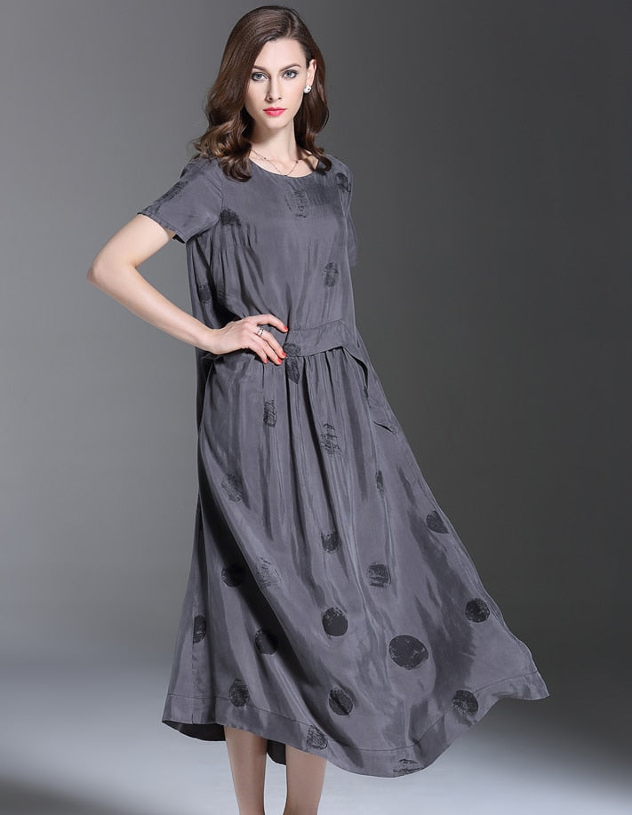Vintage Summer Short Sleeve Large Sewing Copper Silk Dress Women Grey Black Polka Dot Long Dress Elegant roupas feminina - LiveTrendsX