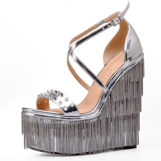 Women Summer Wedges Shoes for Women Supper High Heels Platform Sandals with Chain Rivets Sandalias Mujer - LiveTrendsX