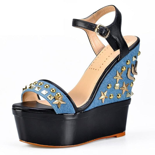 New Women Sandals Shoes Women Wedges Sandals in High Heels Platform Wedges shoes For Women Metal Geometric Denim - LiveTrendsX