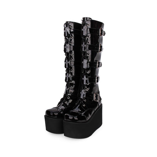 Angelic imprint PU Leather Round Toe Punk style Lolita boots Knee Lace Up High Boots Stars Lolita Shoes size 35-46 - LiveTrendsX