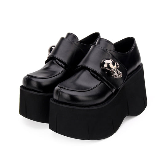 Gothic Skull Punk Lolita Cosplay Thick Platform Slip-on Oxford Japanese School Uniform Black Shoes - LiveTrendsX