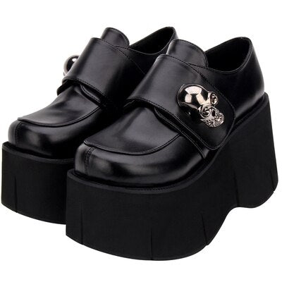 Gothic Skull Punk Lolita Cosplay Thick Platform Slip-on Oxford Japanese School Uniform Black Shoes - LiveTrendsX
