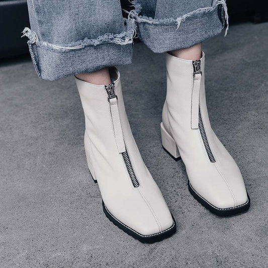 genuine leather square toe streetwear med heels winter keep warm front zipper high fashion Chelsea ankle boots - LiveTrendsX
