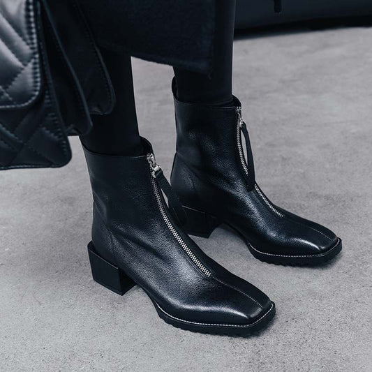 genuine leather square toe streetwear med heels winter keep warm front zipper high fashion Chelsea ankle boots - LiveTrendsX