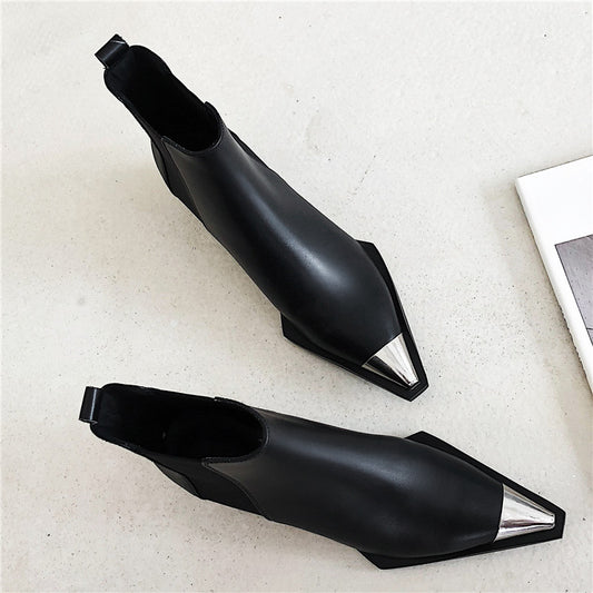 Natural Genuine leather boots women metal pointed toe ladies ankle boots for women square heels spring autumn shoes - LiveTrendsX