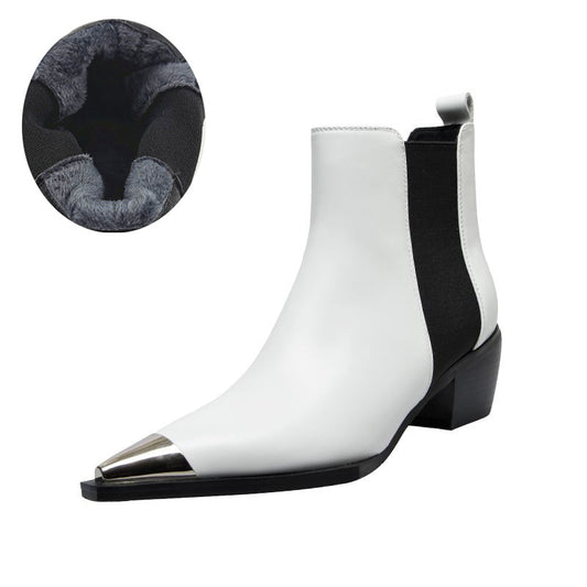 Natural Genuine leather boots women metal pointed toe ladies ankle boots for women square heels spring autumn shoes - LiveTrendsX