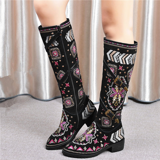 Big Size 34-46 New 2020 Winter genuine Cow leather boots women western bohemia women's boots embroidery knee high boots female - LiveTrendsX