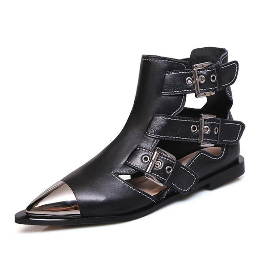 Fashion Buckle Genuine Leather Rivets Motorcycle Ankle Boots Woman Brand Shoes Female Spring Summer Boots Sandals Shoes Women - LiveTrendsX