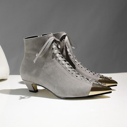 new hot sale kid suede pointed metal toe mixed color butterfly-knot med heels European designer ankle boots - LiveTrendsX