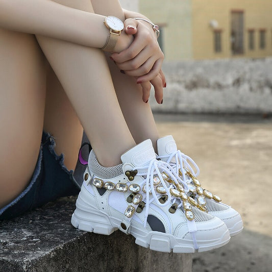 Rhinestone Shoes Women Platform Sneakers White zapatos de mujer Brand Crystals Ladies Chunky footware Thick Bottom Dad Sneakers - LiveTrendsX