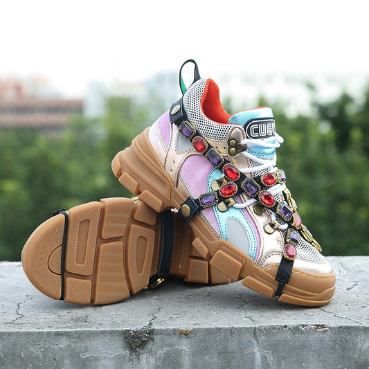 Rhinestone Shoes Women Platform Sneakers White zapatos de mujer Brand Crystals Ladies Chunky footware Thick Bottom Dad Sneakers - LiveTrendsX