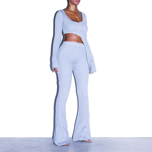 New Fashion 2 Two Piece Set Women Ribbed V Neck Long sleeve Top and Long Pants Set Sexy Autumn Tracksuit Women - LiveTrendsX