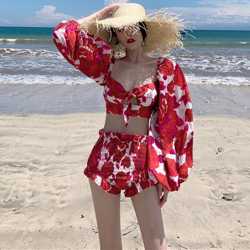 Print Two Piece Set Women Square Neck Lantern Sleeve Hollow Out Sexy Tops High Waist Shorts Suit Female Fashion - LiveTrendsX