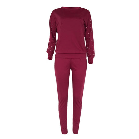 Women TWO PIECE SET Pearl Tracksuit Beading Top Pullover Pants Long Sleeve Outwear 2 Piece Ladies Suits Sweatshirt Spring Autumn - LiveTrendsX