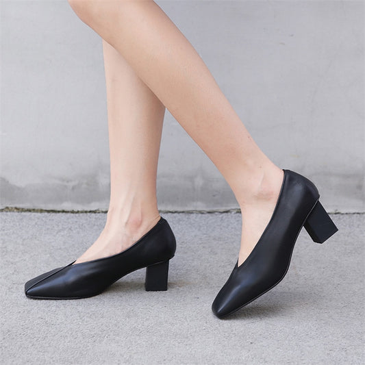 High Heels Women Pumps Natural Genuine Leather Thick High Heel Glove Shoes Real Leather Square Toe Office Lady Shoes 40 - LiveTrendsX