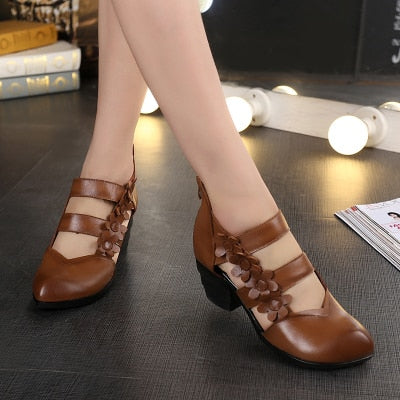 Ethnic Style Genuine Leather Women Sandals Med Heels Closed Toes Handmade Summer Soft Outsole Women Casual Shoes - LiveTrendsX
