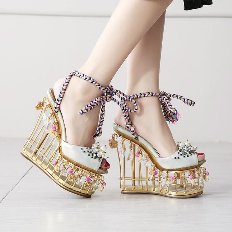 Lady Charming Pearl Bird Cage High Wedges Dress Wedding Shoes Woman Light Crystal Platform Rome Sandals Girls Rose Runway Shoes - LiveTrendsX