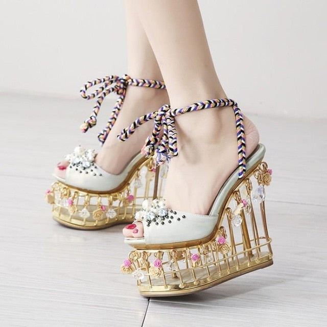 Lady Charming Pearl Bird Cage High Wedges Dress Wedding Shoes Woman Light Crystal Platform Rome Sandals Girls Rose Runway Shoes - LiveTrendsX
