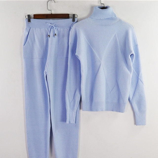 Woman Sweater Suits Casual  Knit Tracksuit Turtleneck Pullovers+pants Two Piece Sets Female Outfits - LiveTrendsX