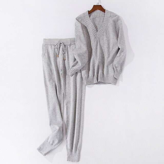 Women sweater suit and setsCasual Knitted Sweaters Pants 2PCS Track Suits Woman Casual Knitted Trousers+Jumper Tops Clothing Set - LiveTrendsX