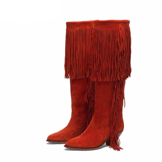 Bohemian Fringe Tassel Boots Women Pointy toe kitten heels Knee High Knight Boots winter party shoes women Botas mujer - LiveTrendsX