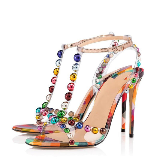 New Candy Color Beaded Sandal PVC Party Shoes Women Open Toe T-strap Thin High Heels Ankle Buckle Strap Stilettos Sandals Women - LiveTrendsX