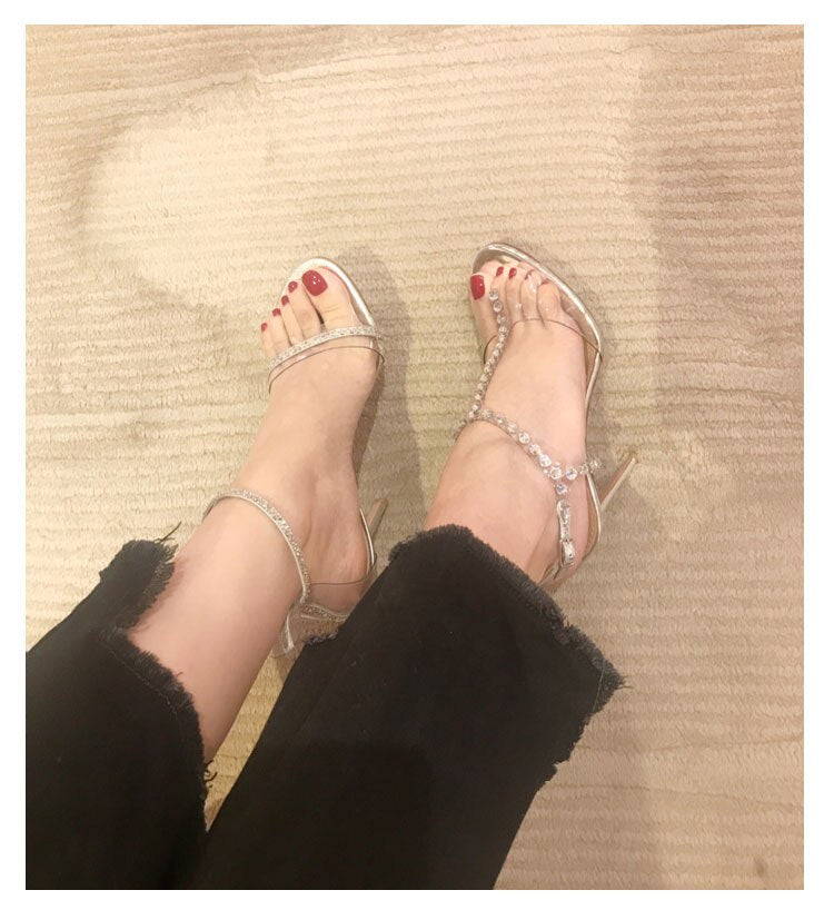 New Candy Color Beaded Sandal PVC Party Shoes Women Open Toe T-strap Thin High Heels Ankle Buckle Strap Stilettos Sandals Women - LiveTrendsX
