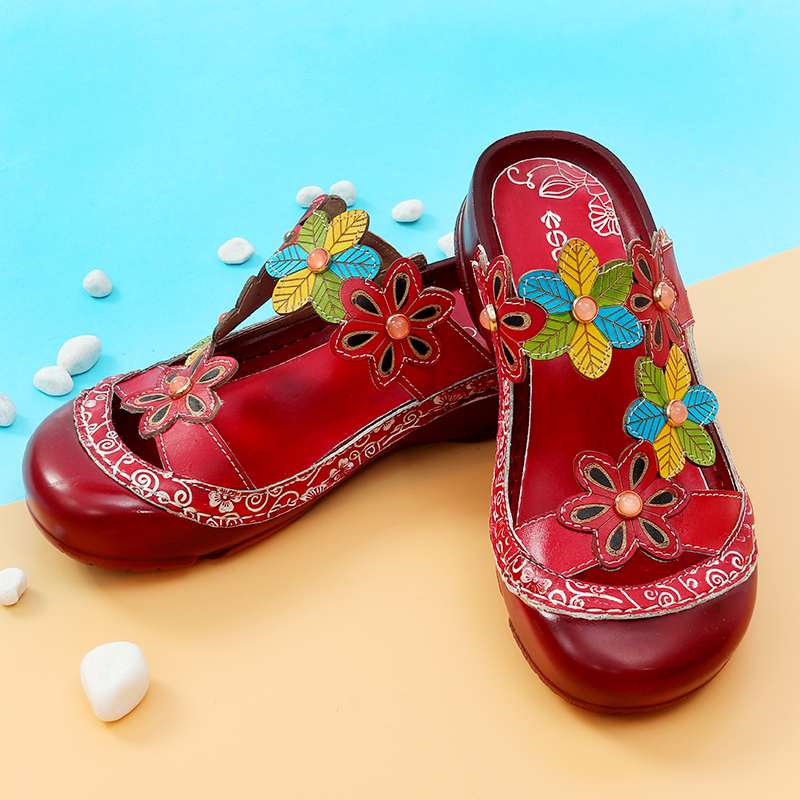 Women Summer Handmade Slippers Floral Shoes Platform Retro Sandals Round Toe Slippers Genuine Leather Bohemian - LiveTrendsX