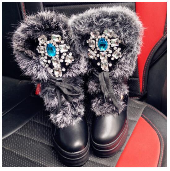 Women's Snow Boots 2019 Handmade White Rabbit Fur Drill Warm Winter Boots Rhinestone Diamond Thick Soled Women Shoes - LiveTrendsX