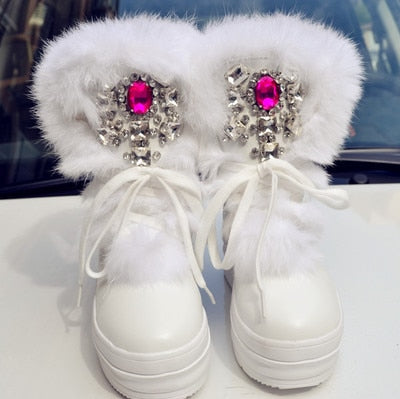 Women's Snow Boots 2019 Handmade White Rabbit Fur Drill Warm Winter Boots Rhinestone Diamond Thick Soled Women Shoes - LiveTrendsX