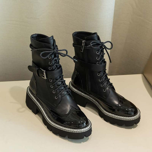 genuine leather waterproof boots round toe high heels belt buckle winter women thick bottom lace up ankle boots - LiveTrendsX