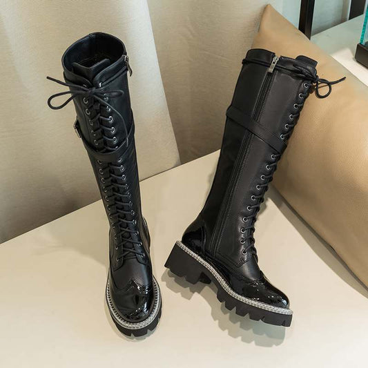 genuine leather waterproof boots round toe high heels belt buckle winter women thick bottom lace up ankle boots - LiveTrendsX