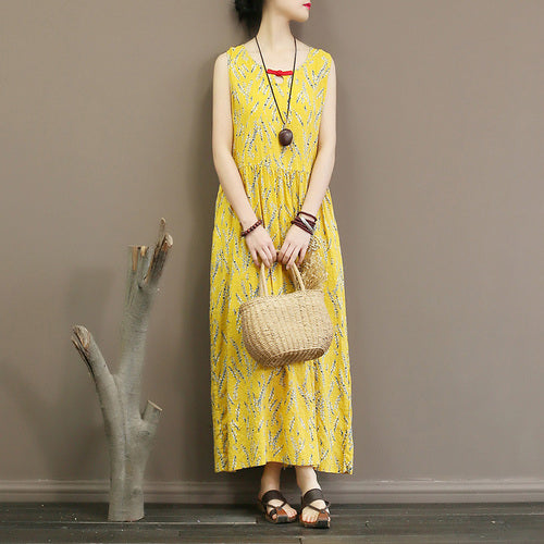 Sleeveless dress summer thin floral slub cotton temperament waist length and ankle vest skirt dress inside - LiveTrendsX