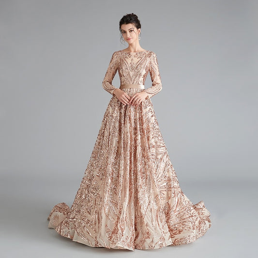 Dubai A-Line Luxury Evening Dress Muslim 2020 Vintage Long Sleeves Sequins Sparkle Prom Party Gowns - LiveTrendsX