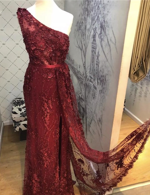 Wine Red Handmade Flowers Pearls Evening Dresses One-Shoulder Sexy Luxury Evening Gowns 2020 - LiveTrendsX