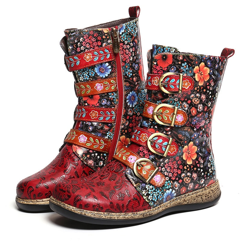 Women Boots Retro Printed Metal Buckle Genuine Leather Zipper Ankle Boots Ladies Shoes Women Botines Mujer 2020 - LiveTrendsX
