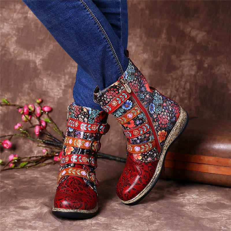 Women Boots Retro Printed Metal Buckle Genuine Leather Zipper Ankle Boots Ladies Shoes Women Botines Mujer 2020 - LiveTrendsX
