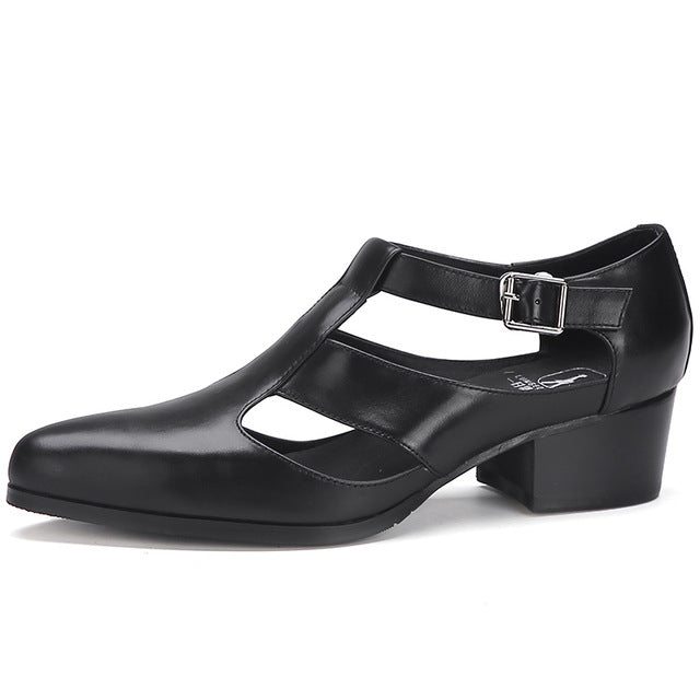 Men Sandals 5cm High heels Men's Casual Shoes Pointed Toe Genuine Leather sandalias Summer fashion buckle strap leather sandals - LiveTrendsX