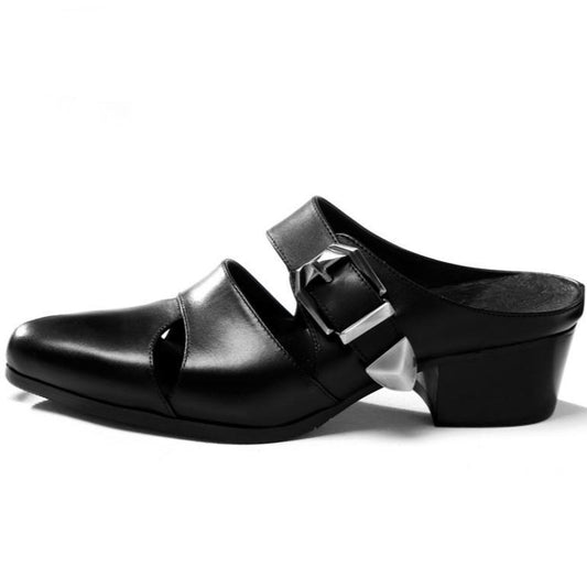 New Summer Men Slippers High Heels Genuine Leather Pointed Toe 5CM Height Increase Men Shoes Casual Fashion Trend Outside Slides - LiveTrendsX