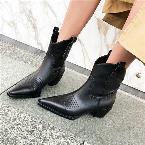 Women's genuine leather slip-on thick high heel ankle boots Sewing thread pointed toe retro vintage autumn short booties shoes - LiveTrendsX