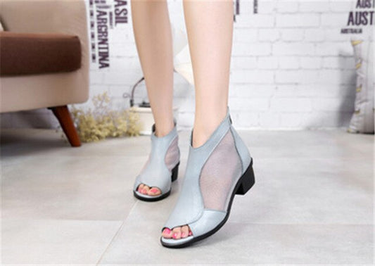 Fashion women's genuine leather summer shoes open toe sandals lace net boots thick heel mujer sandals gladiator gauze size - LiveTrendsX