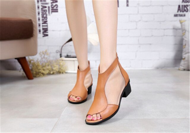 Fashion women's genuine leather summer shoes open toe sandals lace net boots thick heel mujer sandals gladiator gauze size - LiveTrendsX