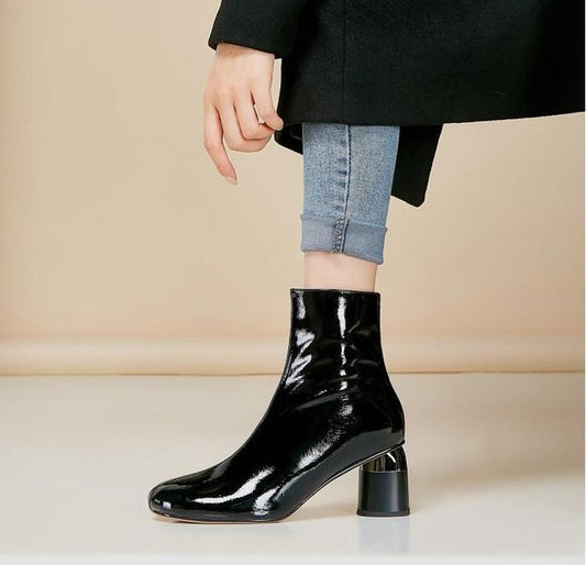 White Patent Leather Women Boots Short Autumn Botas Mujer Ladies Outside Winter Footwear 6cm Round Heels Chelsea Boots Woman - LiveTrendsX