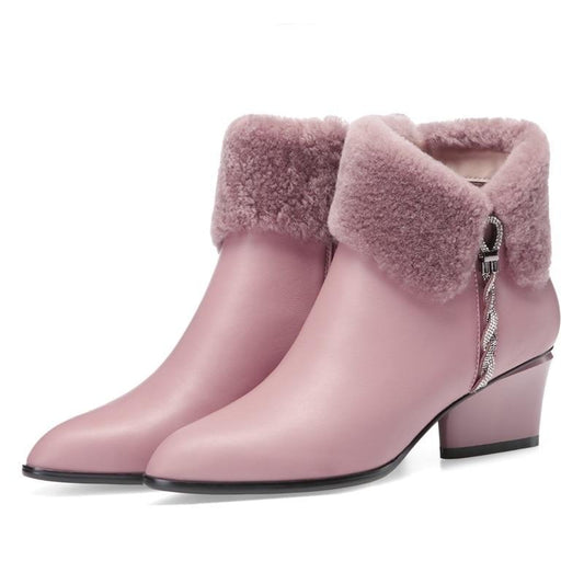 cute sweet leather ankle boots winter warm Chelsea boots pink black leather party 5cm high heels women's shoes - LiveTrendsX