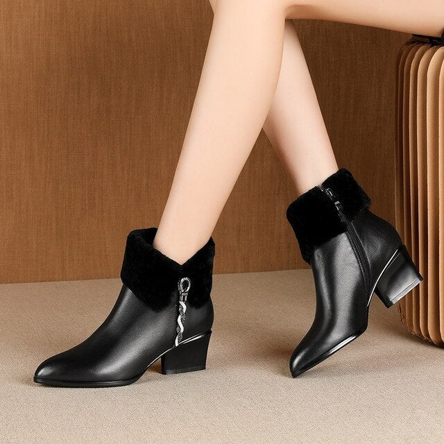 cute sweet leather ankle boots winter warm Chelsea boots pink black leather party 5cm high heels women's shoes - LiveTrendsX